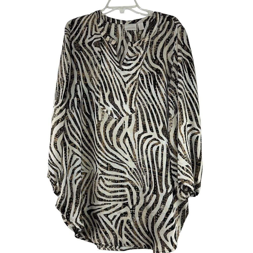 Chicos Pullover Top Womens Size 2 US L Brown Zebra Print V Neck‎ Long Sleeve